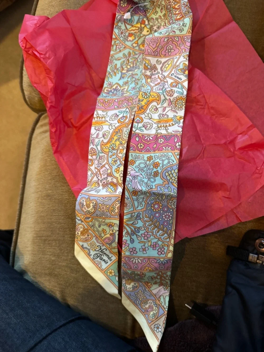 Hermes Multi-Color Floral Paisley Silk Scarf in Pink and Mint - Picture 2 of 3